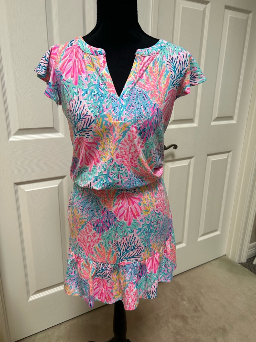 Lilly Pulitzer Ravi Romper coral print pink blue xxs